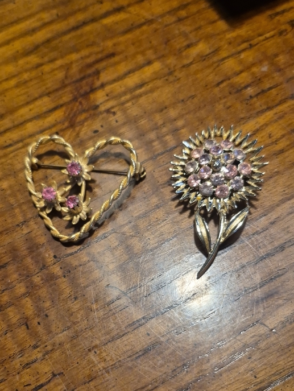 Vintage Gold-Tone Pink Crystal Heart and Flower Brooch Bundle